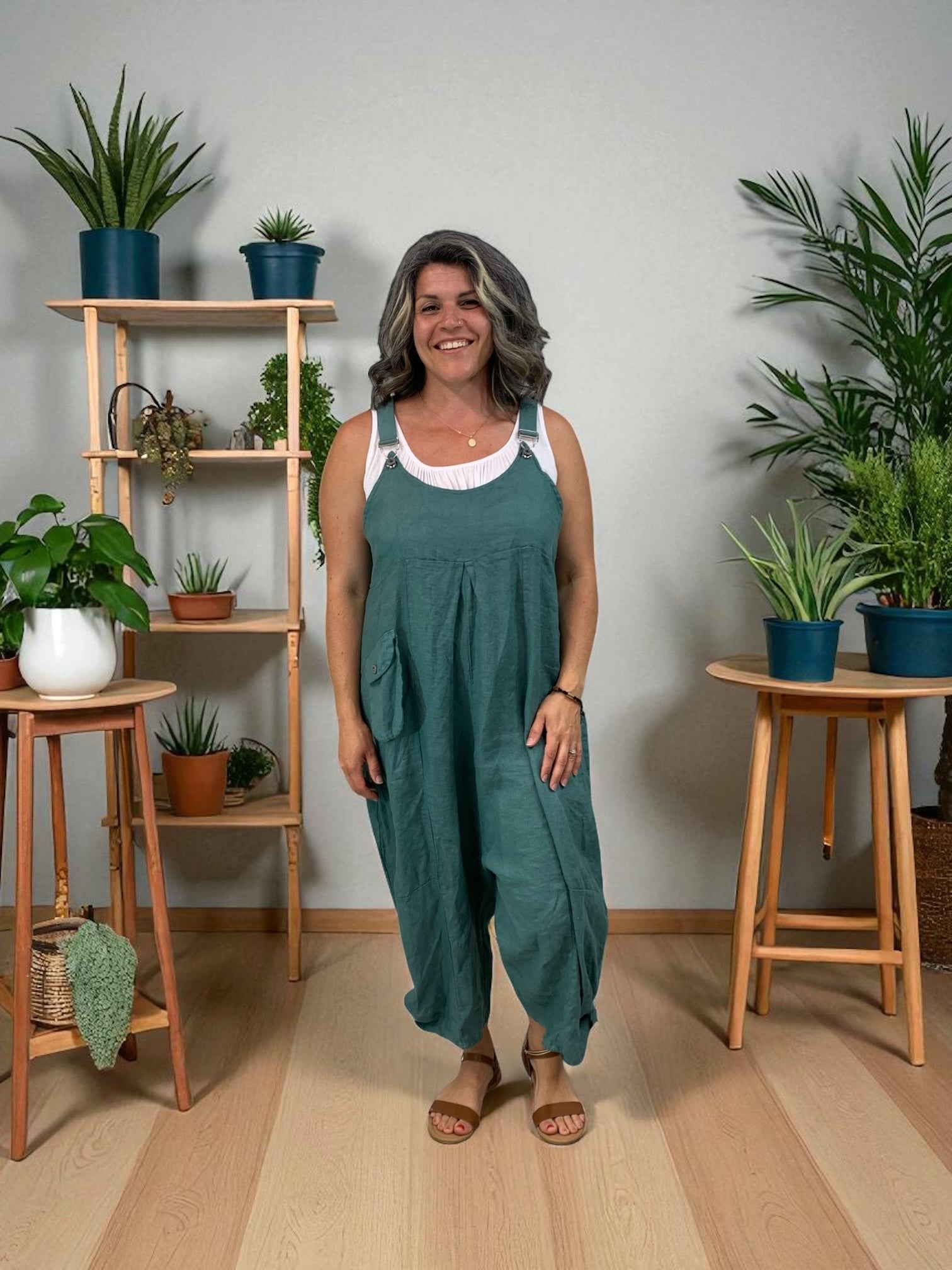 BEYOND CAPRI 100% LINEN CUTE AS A BUTTON ROMPER