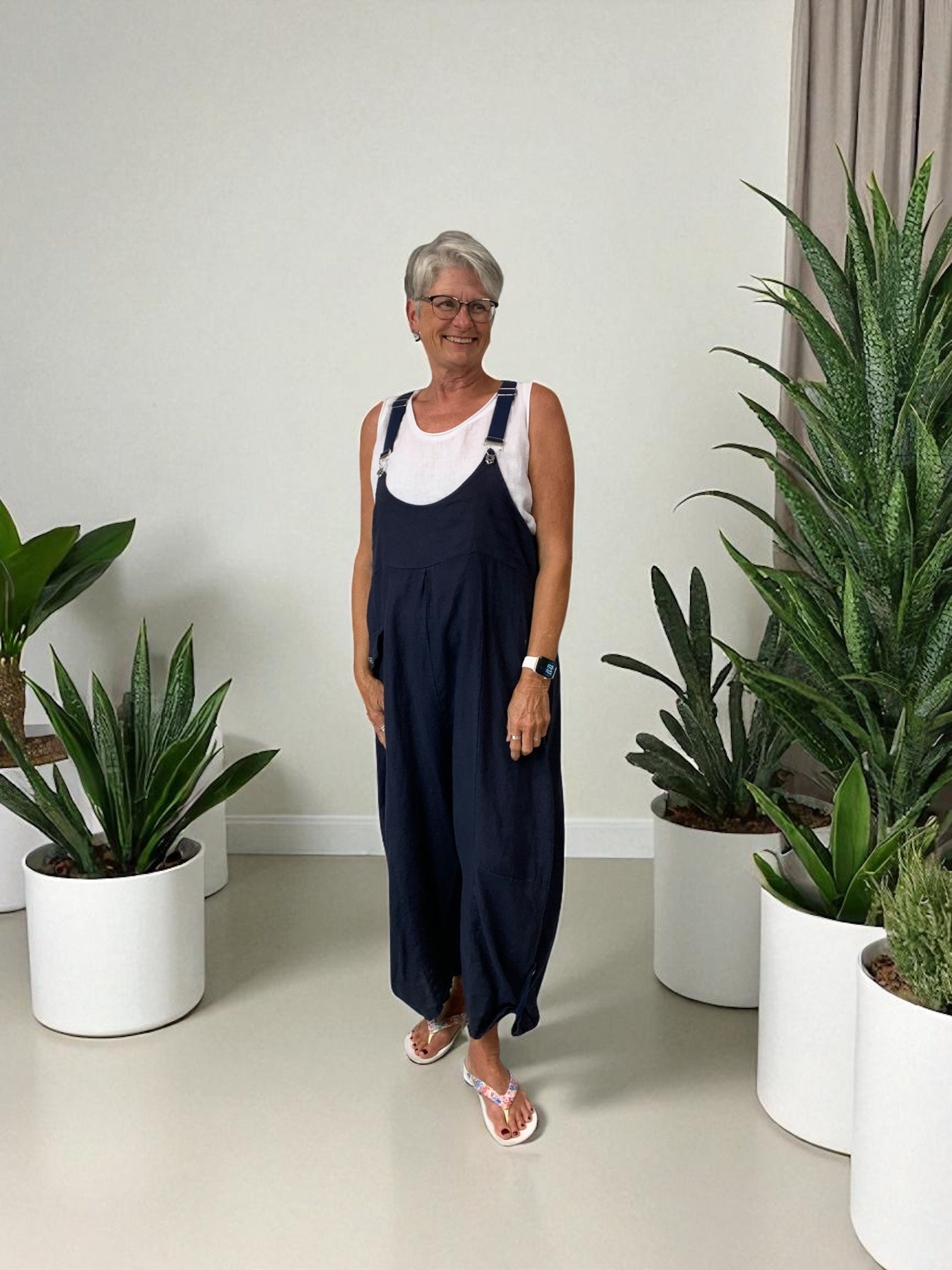 BEYOND CAPRI 100% LINEN CUTE AS A BUTTON ROMPER