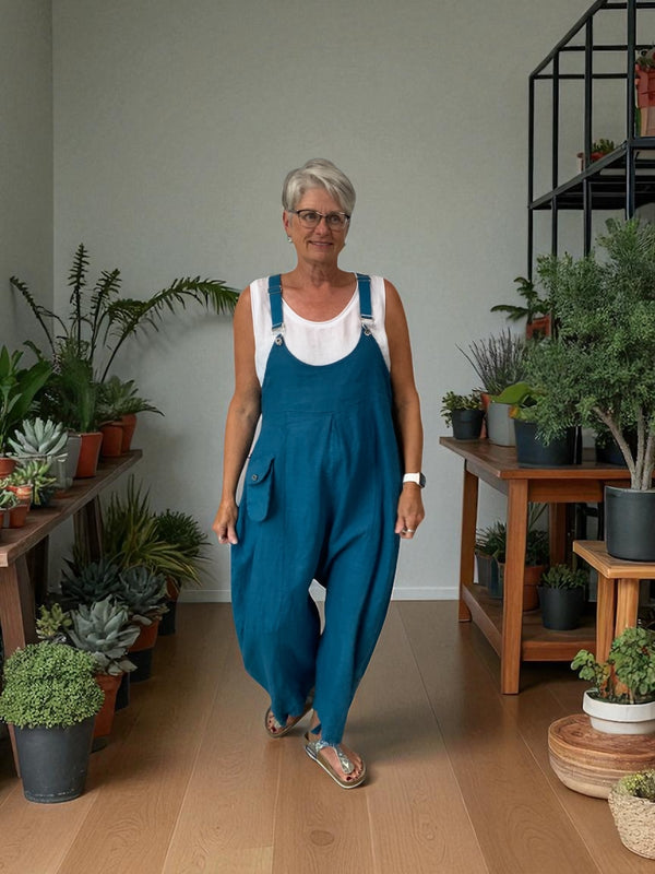 BEYOND CAPRI 100% LINEN CUTE AS A BUTTON ROMPER