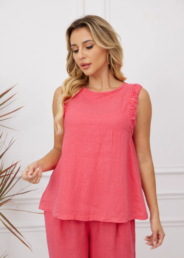 FASHION VILLAGE LINEN TANK WITH ELASTIC RUFFLE SHOULDER FASHION VILLAGE