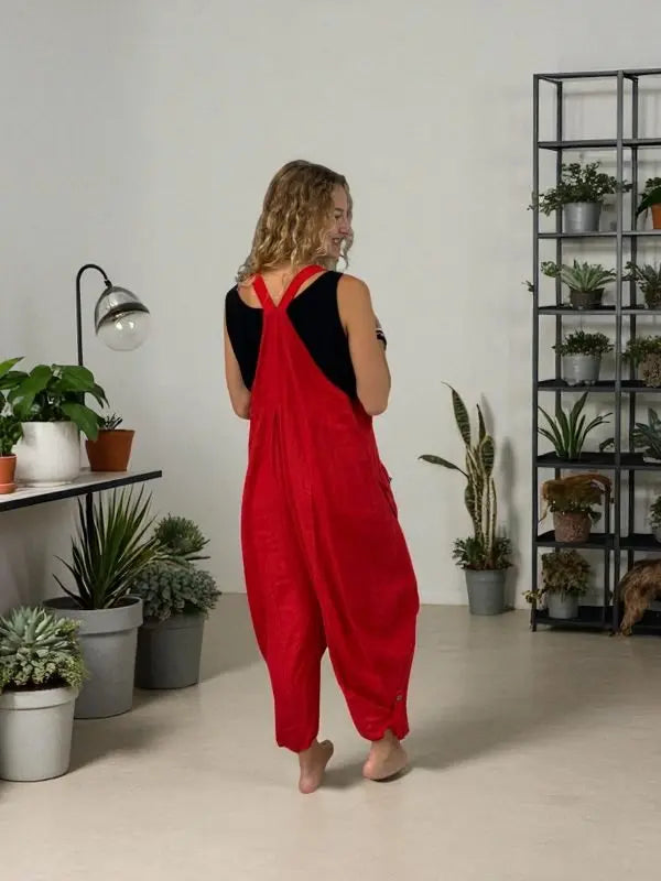 BEYOND CAPRI 100% LINEN CUTE AS A BUTTON ROMPER - rompers - BEYOND CAPRI