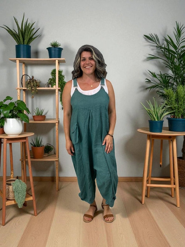 BEYOND CAPRI 100% LINEN CUTE AS A BUTTON ROMPER - rompers - BEYOND CAPRI