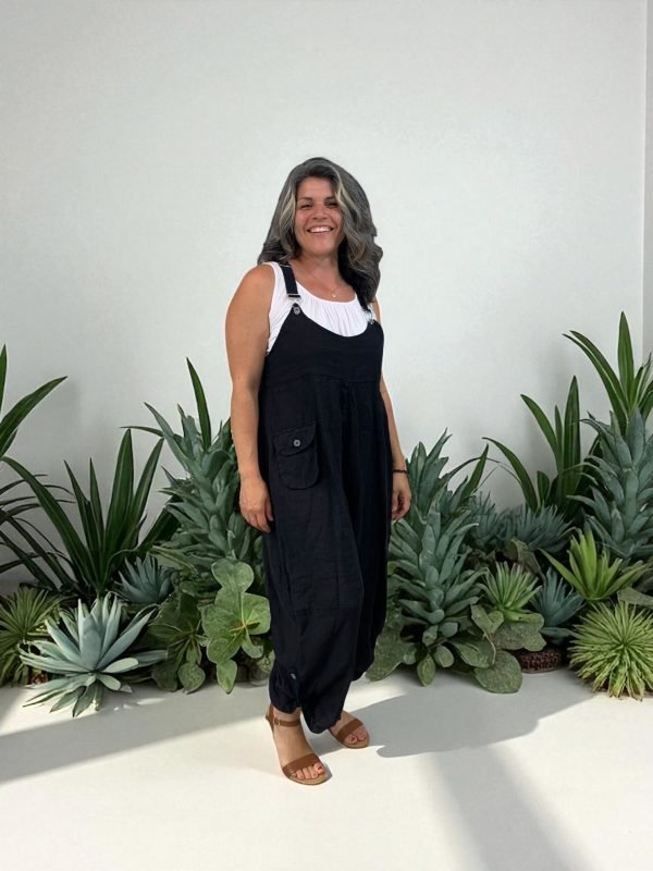 BEYOND CAPRI 100% LINEN CUTE AS A BUTTON ROMPER - rompers - BEYOND CAPRI