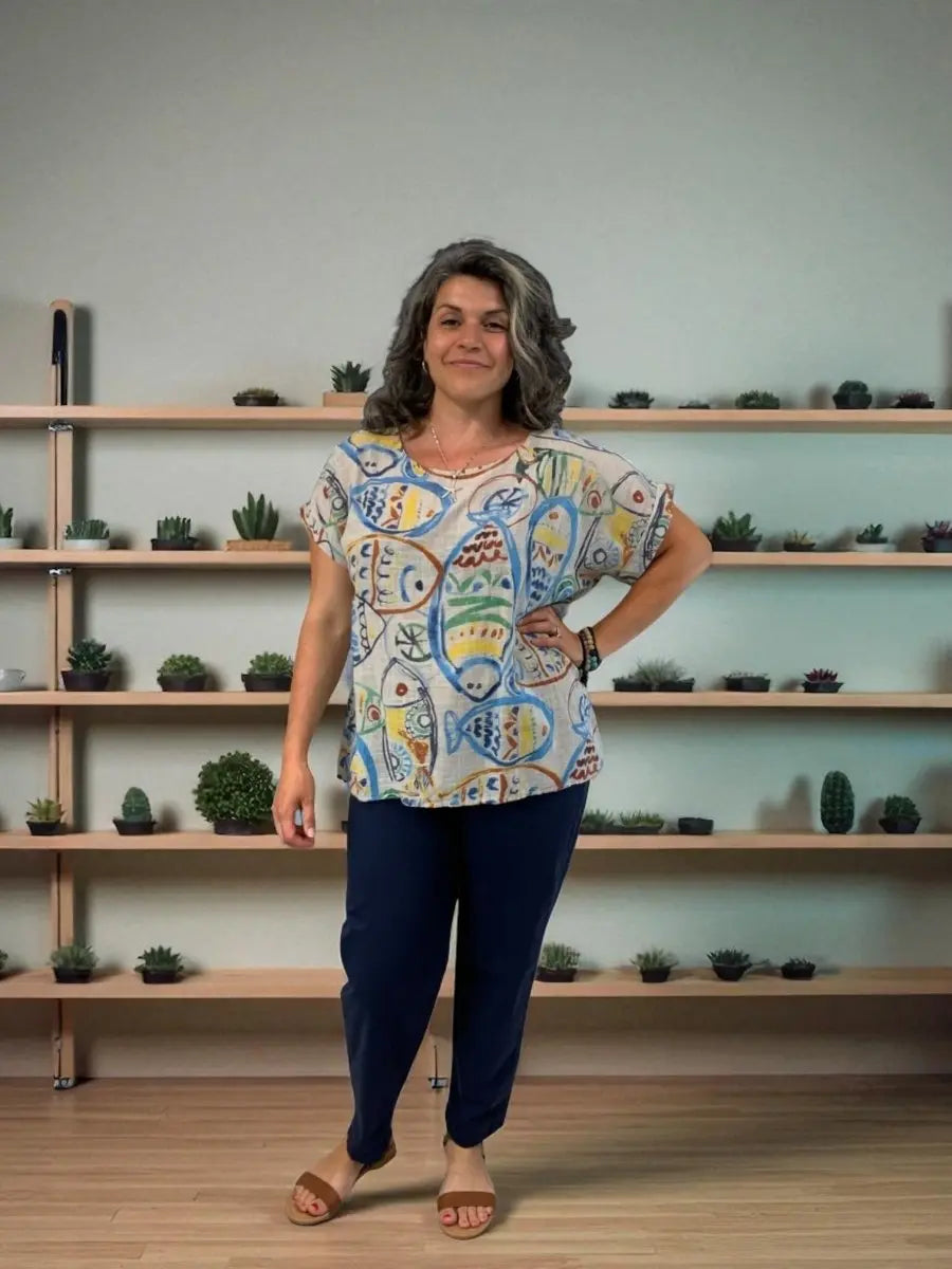 BEYOND CAPRI COTTON GAUZE FUN FISH PRINT TOP - tops - BEYOND CAPRI