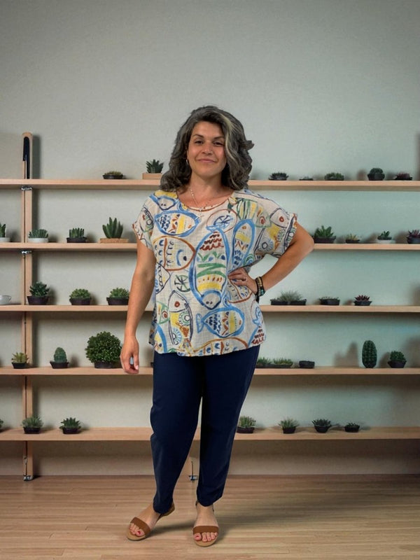 BEYOND CAPRI COTTON GAUZE FUN FISH PRINT TOP - tops - BEYOND CAPRI