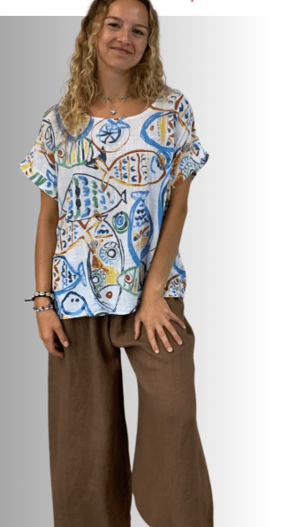 BEYOND CAPRI COTTON GAUZE FUN FISH PRINT TOP - tops - BEYOND CAPRI