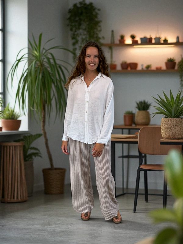 BEYOND CAPRI COTTON STRIPED COMFY PANT WITH BELT - bottoms - BEYOND CAPRI