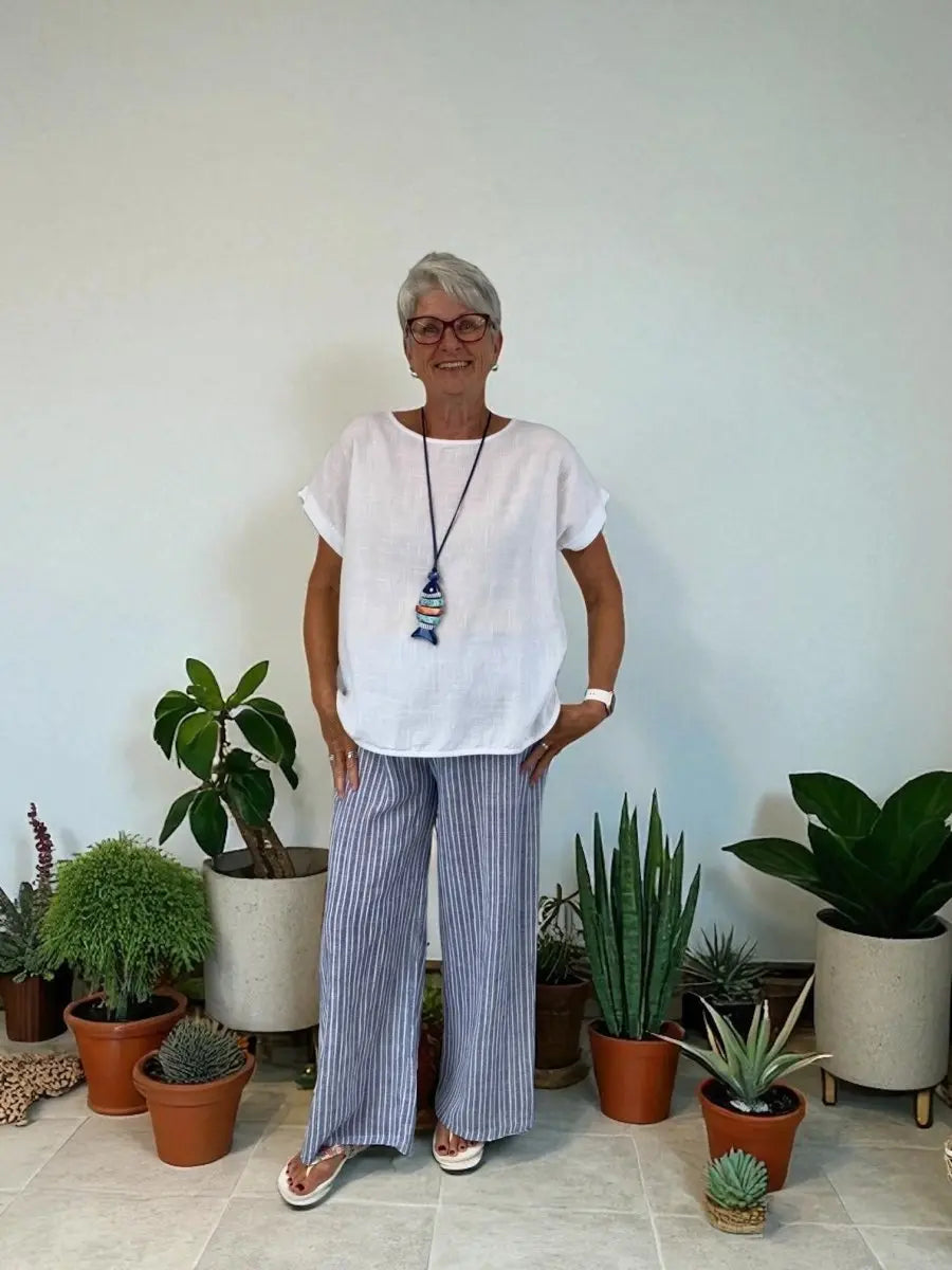 BEYOND CAPRI COTTON STRIPED COMFY PANT WITH BELT - bottoms - BEYOND CAPRI