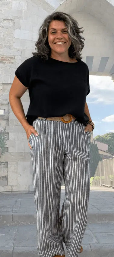 BEYOND CAPRI COTTON STRIPED COMFY PANT WITH BELT - bottoms - BEYOND CAPRI