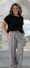 BEYOND CAPRI COTTON STRIPED COMFY PANT WITH BELT - bottoms - BEYOND CAPRI