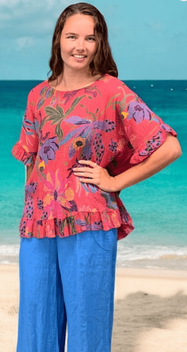 BEYOND CAPRI COTTON WAFFLE TROPICAL PRINT TOP - tops - PLUM LOCO