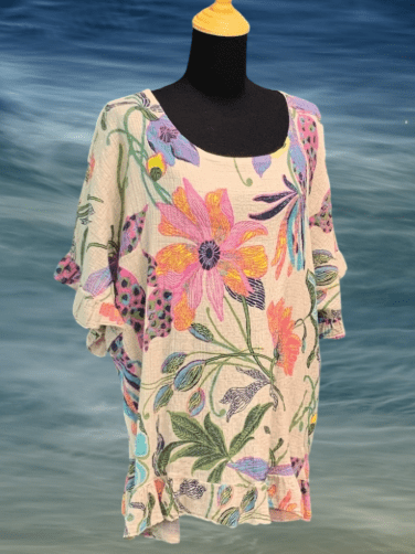 BEYOND CAPRI COTTON WAFFLE TROPICAL PRINT TOP - tops - PLUM LOCO