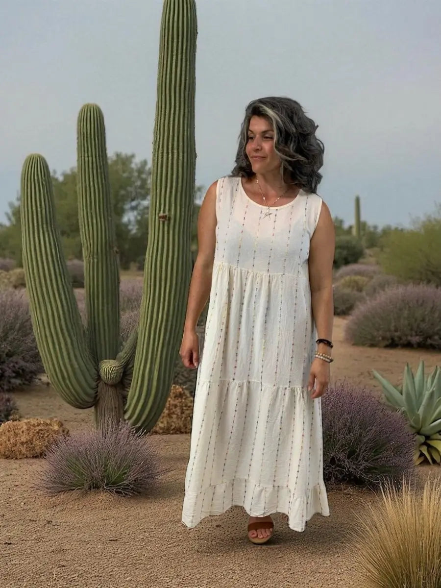 BEYOND CAPRI EMBROIDERED STRIPE COTTON MAXI DRESS - dresses - BEYOND CAPRI