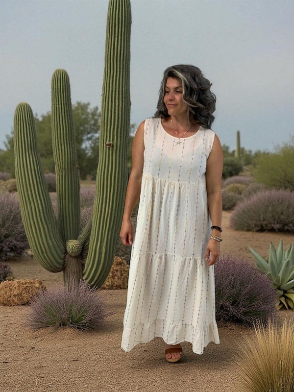 BEYOND CAPRI EMBROIDERED STRIPE COTTON MAXI DRESS - dresses - BEYOND CAPRI