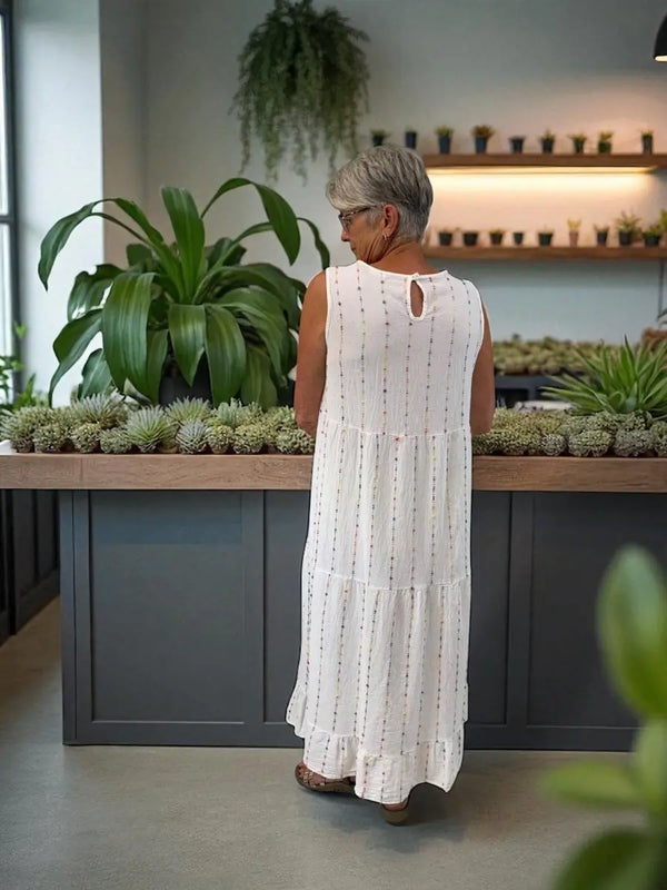 BEYOND CAPRI EMBROIDERED STRIPE COTTON MAXI DRESS - dresses - BEYOND CAPRI