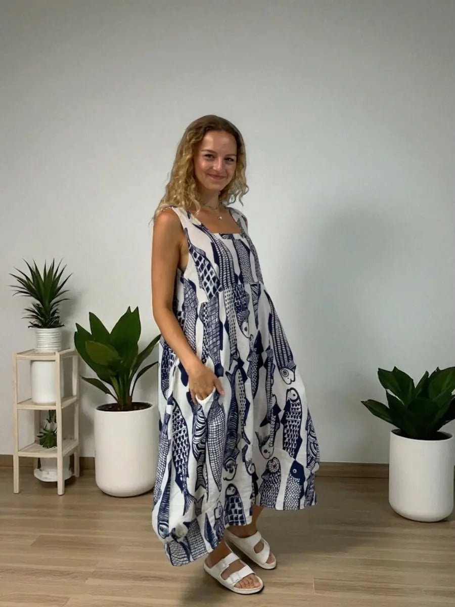 BEYOND CAPRI LINEN FAVORED FISH MIDI DRESS - dresses - BEYOND CAPRI