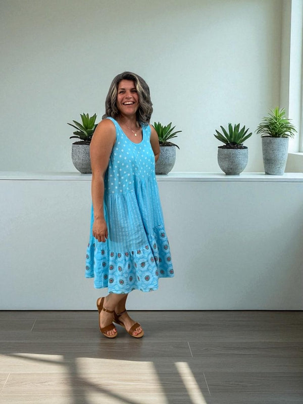 BEYOND CAPRI LINEN POLKA DOT SLEEVELESS SUN DRESS - dresses - BEYOND CAPRI