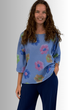 BEYOND CAPRI PRIMROSE FLOWER PRINT 3/4 SLEEVE TOP - tops - BEYOND CAPRI