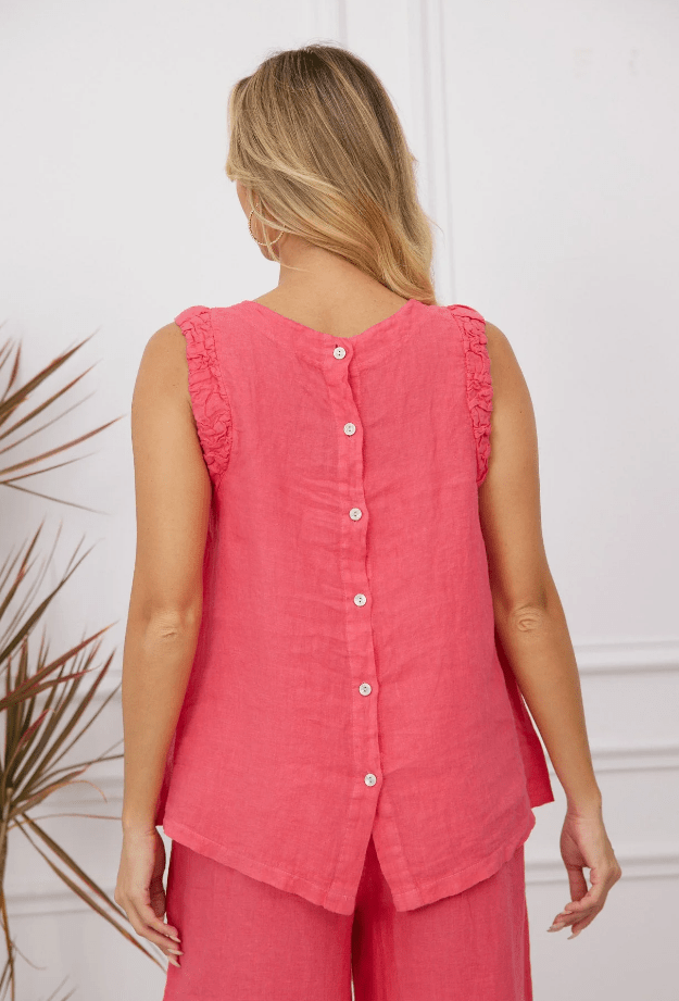 FASHION VILLAGE LINEN TANK WITH ELASTIC RUFFLE SHOULDER - tops - FASHION VILLAGE