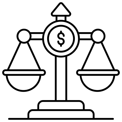Balance scale icon with a dollar sign in the center on a white background