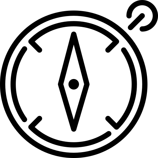 Black compass icon on a white background