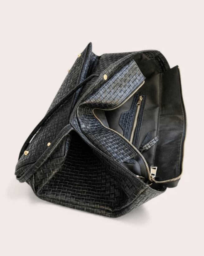 ITALIAN LEATHER TOTE BAG WITH PRINTED CROSSHATCH - bags - DEBBIE KATZ