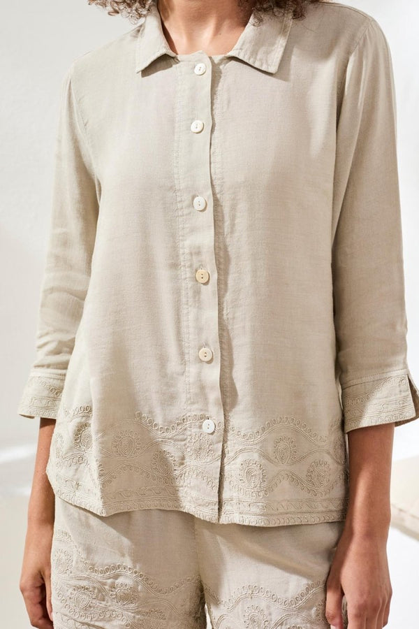 TRIBAL 3/4 SLEEVE BUTTON FRONT BLOUSE W/EMBR - tops - TRIBAL