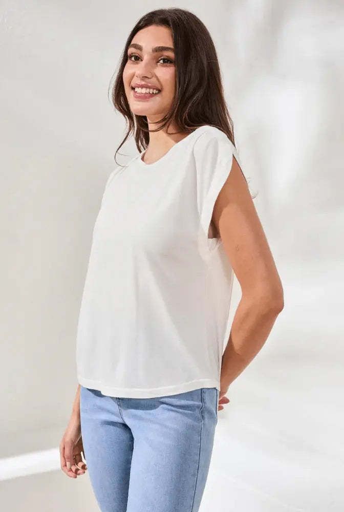TRIBAL BOAT NECK CAP SLEEVE TOP W/PLEAT - tops - TRIBAL