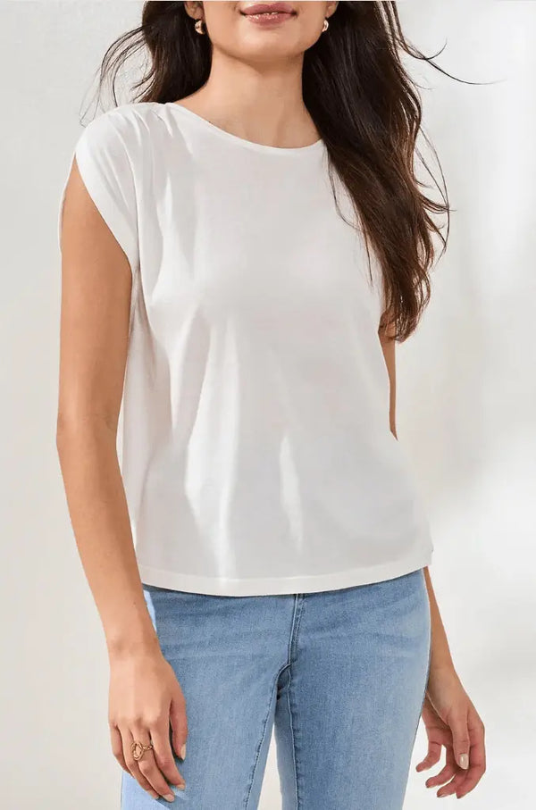 TRIBAL BOAT NECK CAP SLEEVE TOP W/PLEAT - tops - TRIBAL