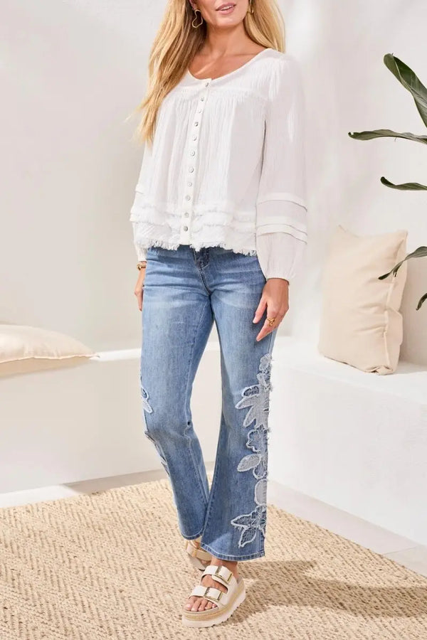 TRIBAL GAUZE BUTTON FRONT BALLOON SLEEVE BLOUSE - tops - TRIBAL