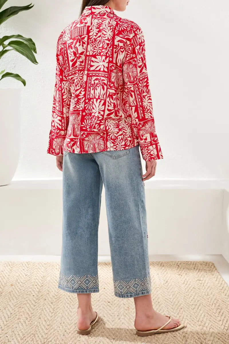 TRIBAL LONG SLEEVE PRINT BLOUSE WITH TYE FRONT - tops - TRIBAL