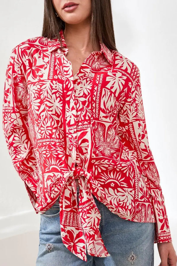 TRIBAL LONG SLEEVE PRINT BLOUSE WITH TYE FRONT - tops - TRIBAL