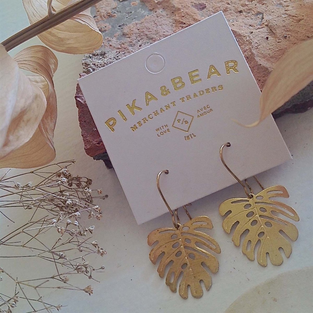 PIKA & BEAR 'KHASI' MONSTERA LEAF ON KIDNEY WIRE EARRINGS - jewellery - PIKA & BEAR
