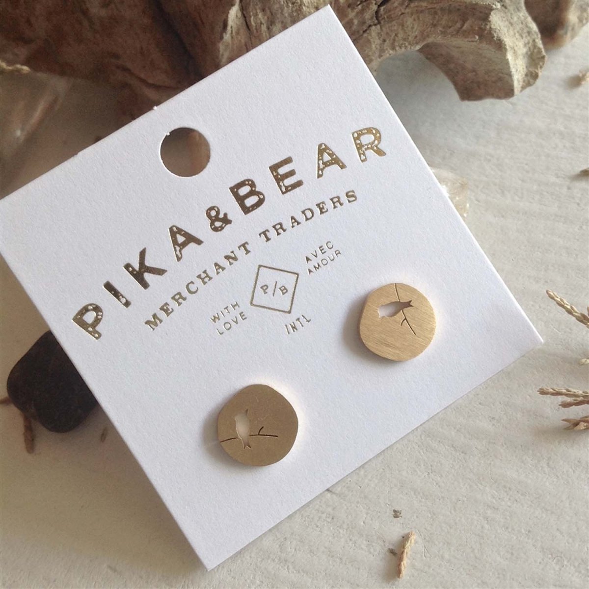 PIKA & BEAR 'PERCHED' SPARROW ON BRANCH SILHOUETTE STUD EARRINGS - jewellery - PIKA & BEAR